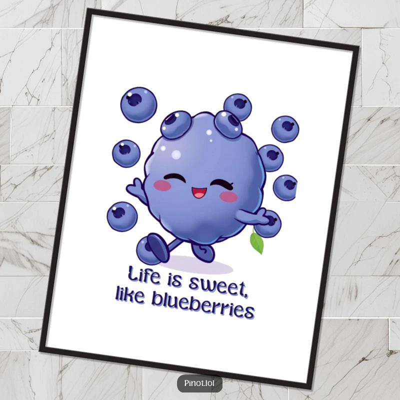 Funny Free Printable Wall Art: Winking blueberry character with eyes and mouth skipping along, whimsical and humorous.