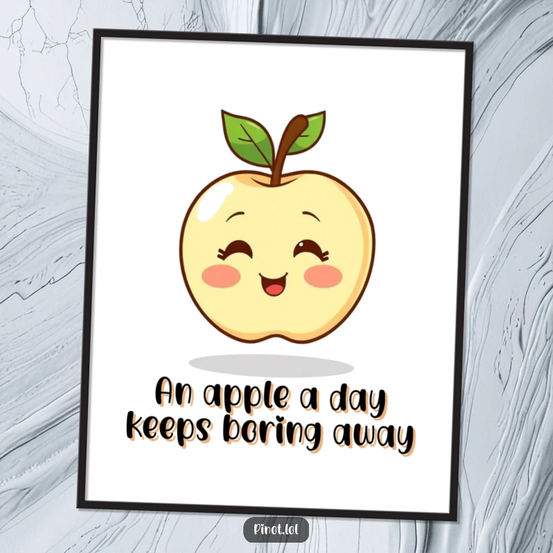 Funny Free Printable Wall Art of a blushing apple character with simple eyes spinning excitedly.