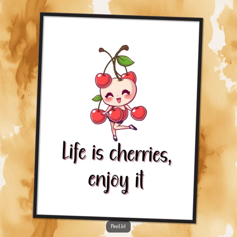 Funny Free Printable Wall Art: Giggling cherries character balancing on one foot, humorous and playful wall decor.