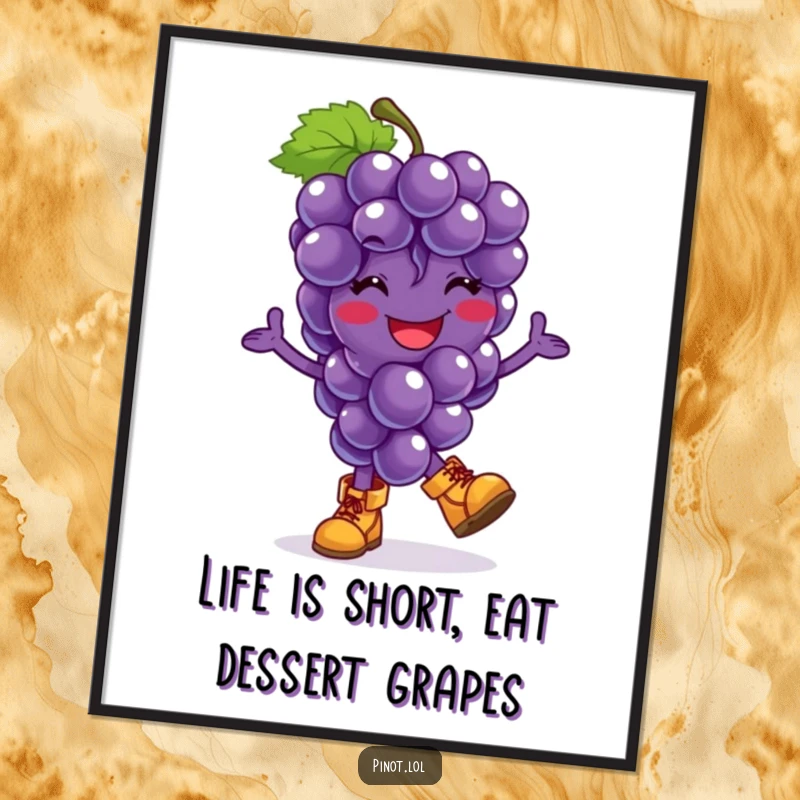 Funny Free Printable Wall Art: Grape character wearing tiny boots, doing a joyful hop, humorous room decor.