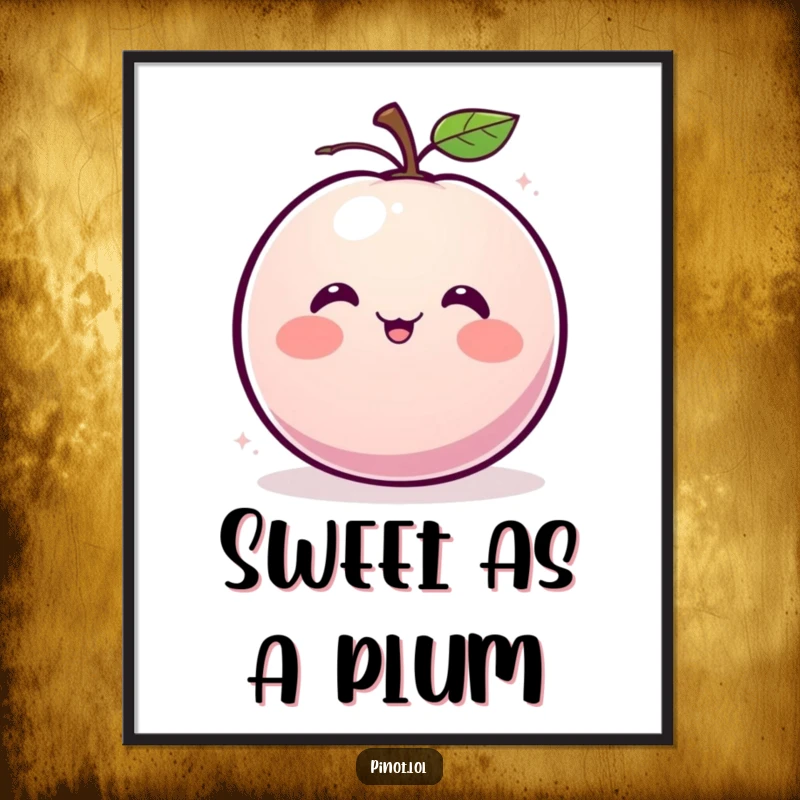 Funny Free Printable Wall Art of a blushing plum character giggling and spinning, adding whimsical decor.