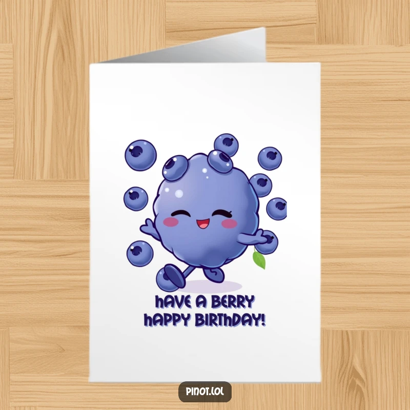 Funny Free Printable Birthday Card: Winking blueberry character with eyes and mouth skipping joyfully, perfect for humor.