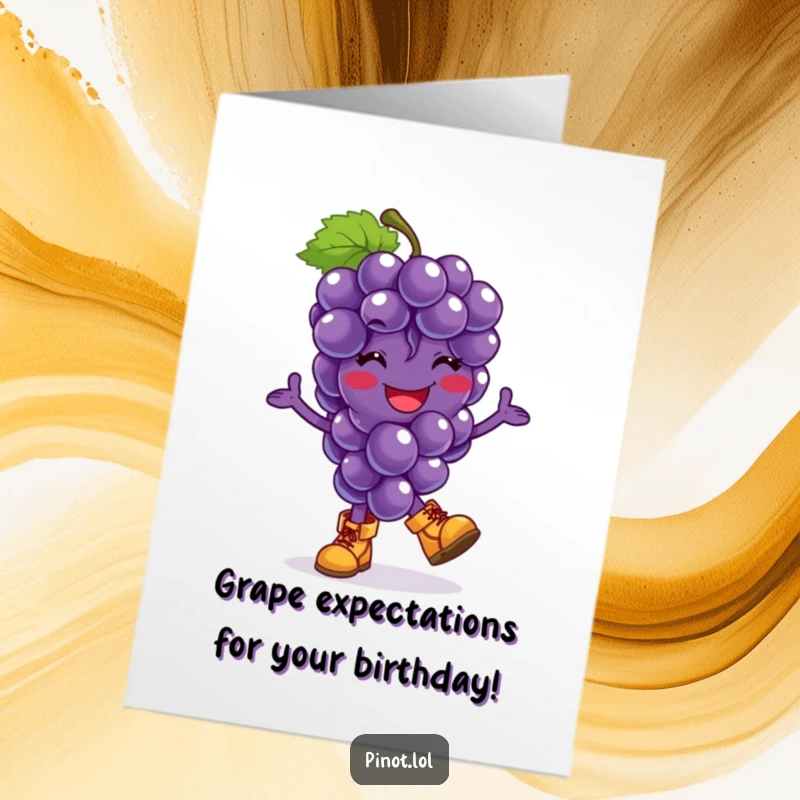 Funny Free Printable Birthday Card: Smiling grape character in tiny boots hopping joyfully, ideal for a humorous greeting.