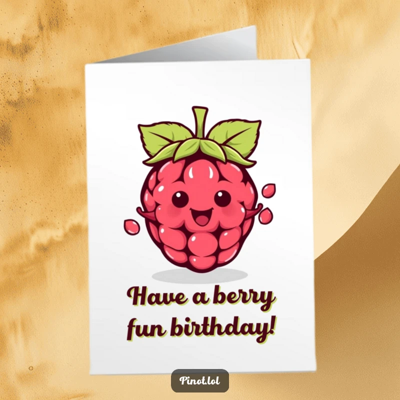 Funny Free Printable Birthday Card: A happy kawaii raspberry skillfully juggling three tiny seeds with a smile.