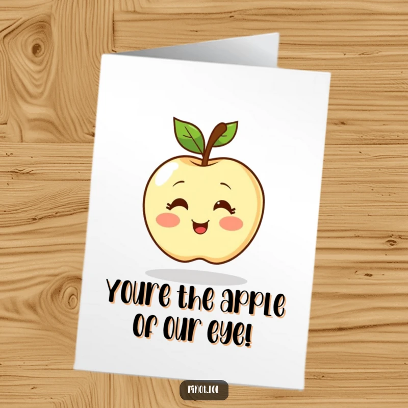 Funny Free Printable Congratulations Card featuring a blushing apple character spinning with excitement.