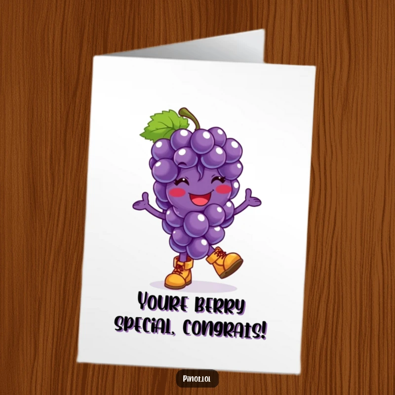 Funny Free Printable Congrats Card: Grape character in tiny boots doing a joyful hop to celebrate achievements.