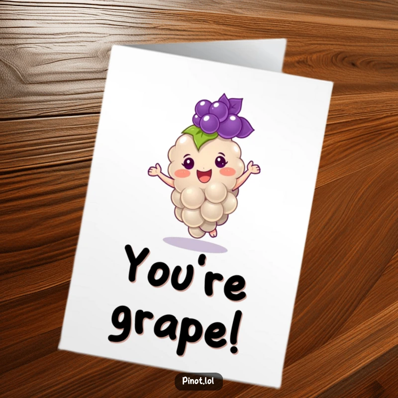 Funny Free Printable Congratulations Card of a plump grape character dancing joyfully, celebrating a great achievement.