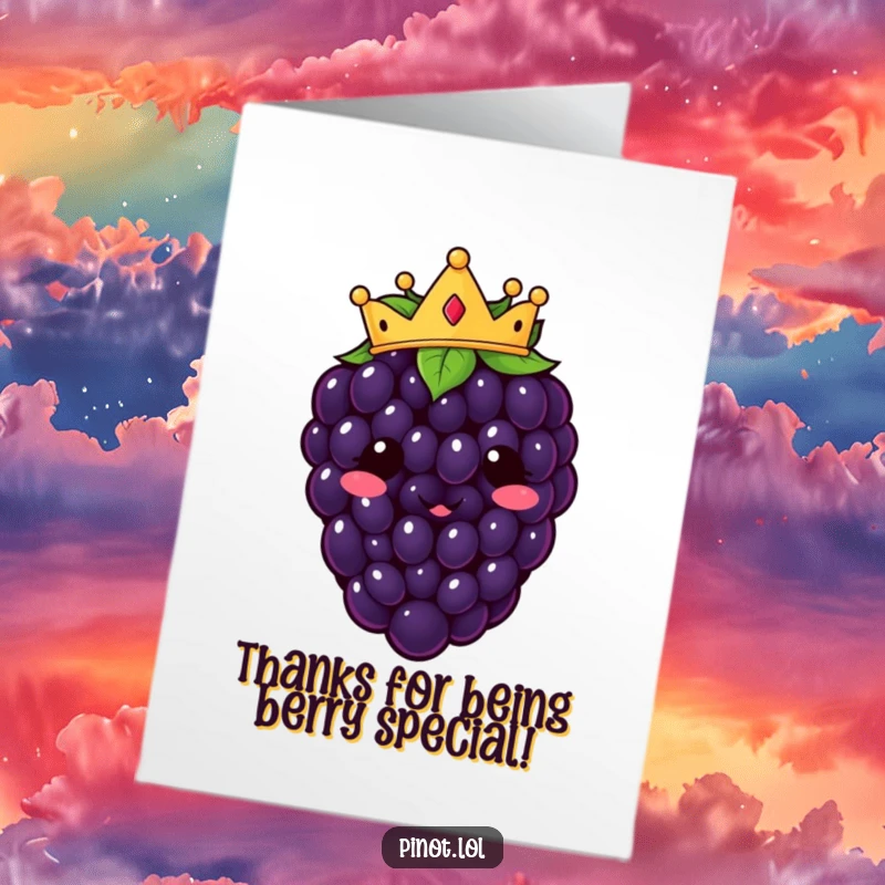 Funny Free Printable Thank You Card: A happy kawaii blackberry wearing a tiny crown, looking absolutely regal.