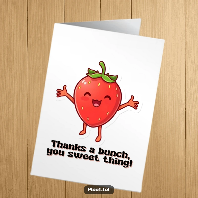 Funny Free Printable Thank You Card: Cheesy strawberry character with arms outstretched, dancing happily to say thank you.