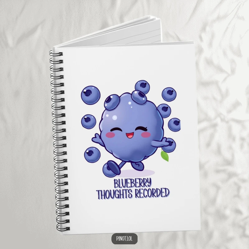 Funny notebook cover with a winking blueberry character skipping energetically, encouraging playful writing and imaginative brainstorming.