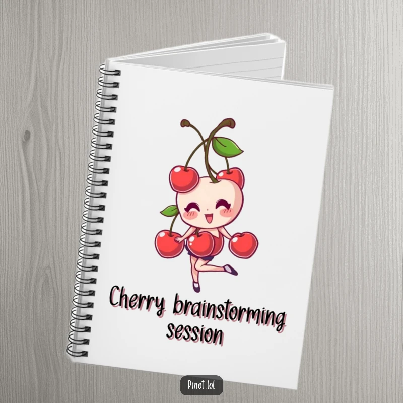 Funny notebook cover with a giggling cherry pair character balancing on one foot, encouraging playful writing and imaginative brainstorming.