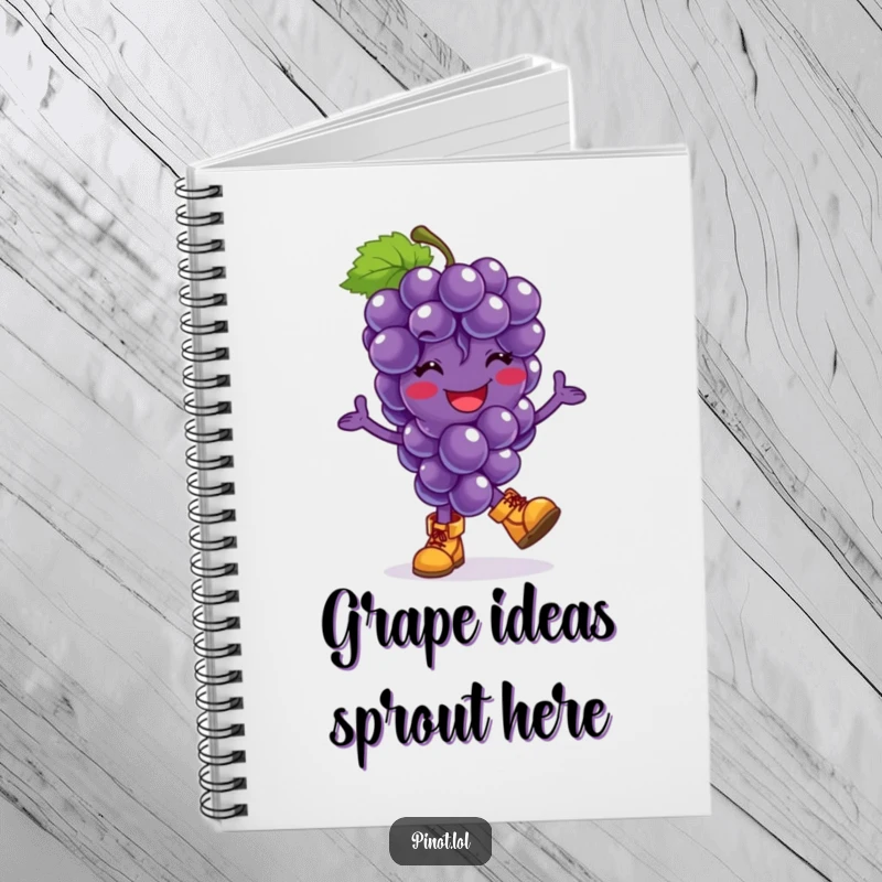 Funny notebook cover with a smiling grapes character in tiny boots, captured mid-hop, encouraging playful note-taking and creative expression.
