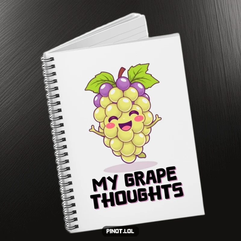 Funny kawaii grape character notebook, mid-hop with a smile, perfect for jotting down funny thoughts and ideas.