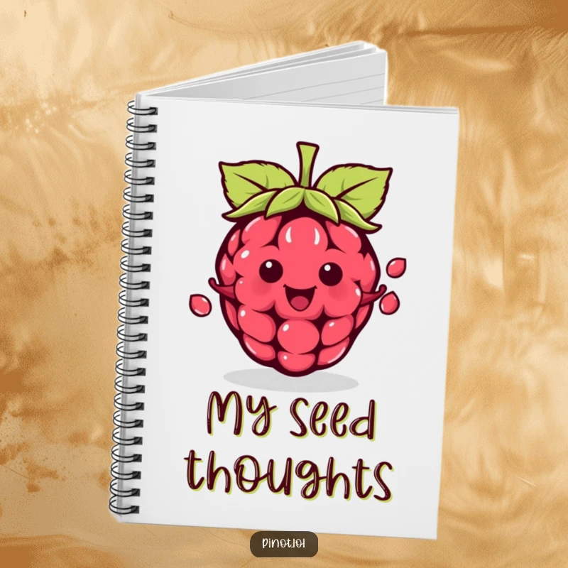 Funny kawaii raspberry character notebook, juggling seeds joyfully, ideal for jotting down talented ideas and funny notes.