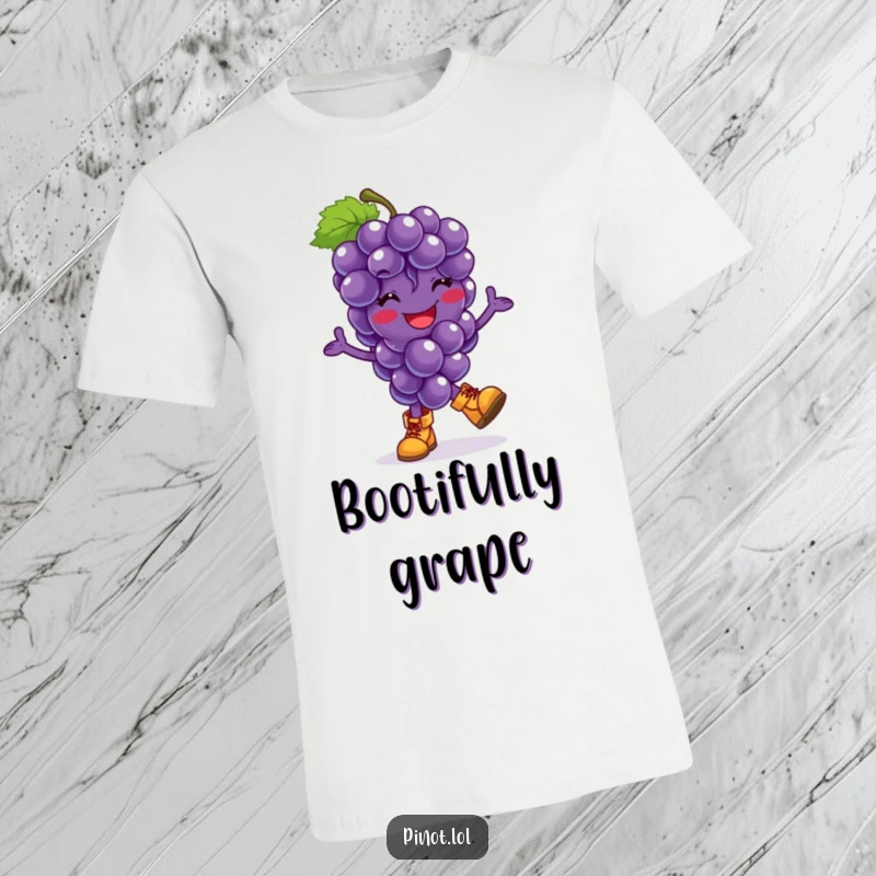 Funny t-shirt with a smiling grapes character joyfully hopping in tiny boots, radiating pure delight and playful energy, perfect for casual wear.
