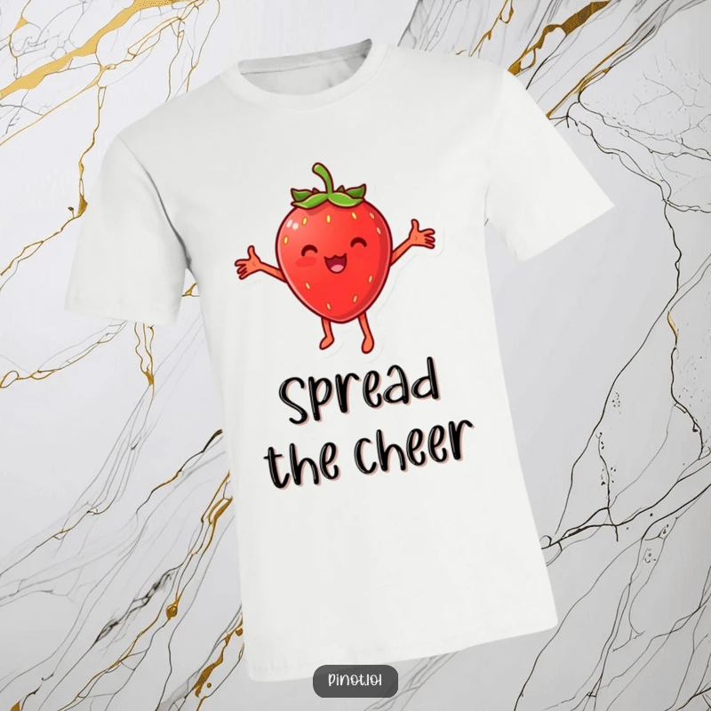Funny t-shirt displaying a cheesy strawberry character with arms wide, dancing joyfully, radiating pure happiness and a playful spirit.