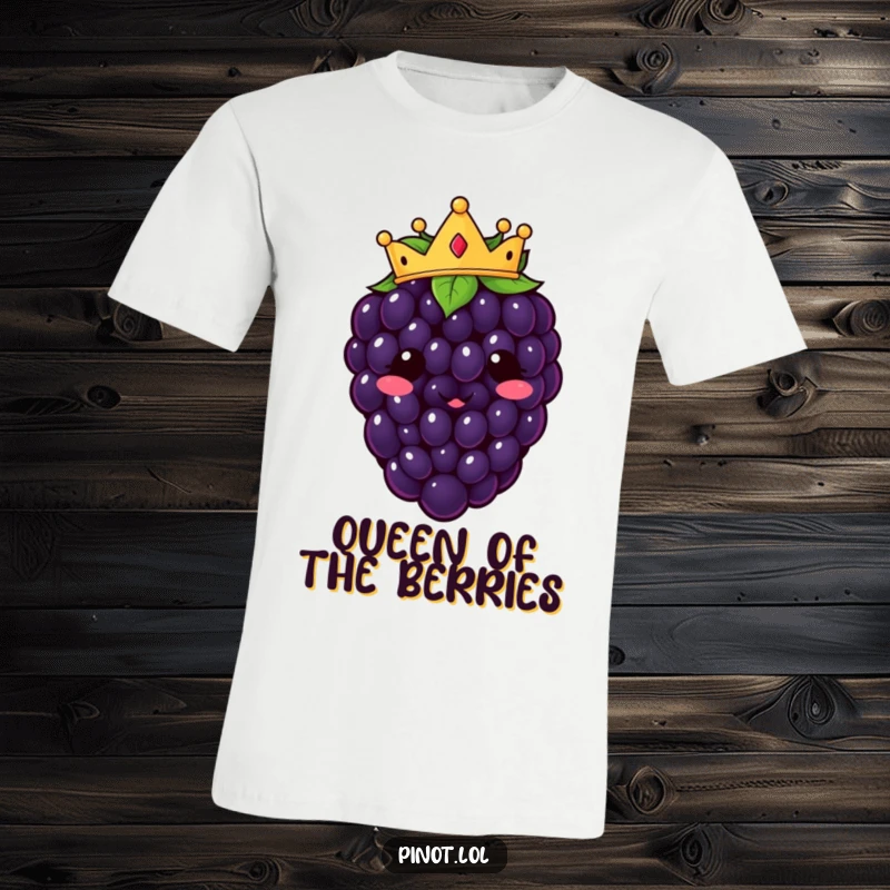 Funny kawaii blackberry character T-shirt, sporting a tiny crown with a beaming smile, a humorous fashion gift.