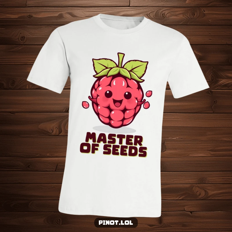 Funny kawaii raspberry character T-shirt, juggling three seeds with a smile, a humorous and talented apparel gift.