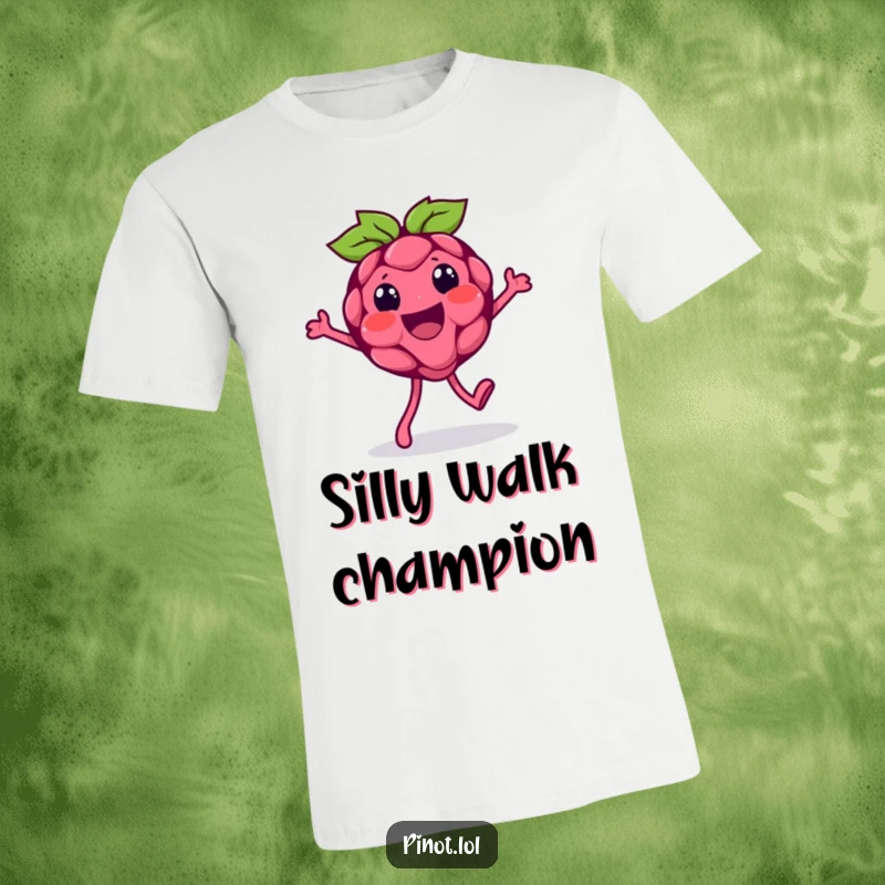 Funny t-shirt displaying a beaming raspberry character with tiny feet, performing a comically exaggerated silly walk, radiating playful individuality.