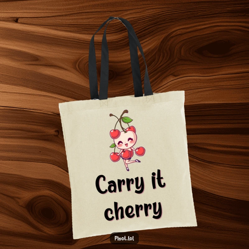 Funny tote bag with a giggling cherry pair character balancing on one foot, great for carrying items with a smile and a touch of fruit fun.