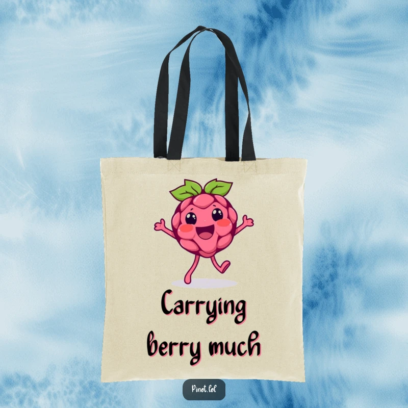 Funny tote bag with a beaming raspberry character doing a silly walk, great for carrying items with a smile and a touch of fruit fun.