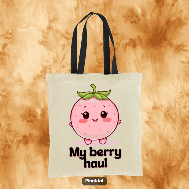 Funny tote bag featuring a contented, round berry character with little eyes, happily wiggling.
