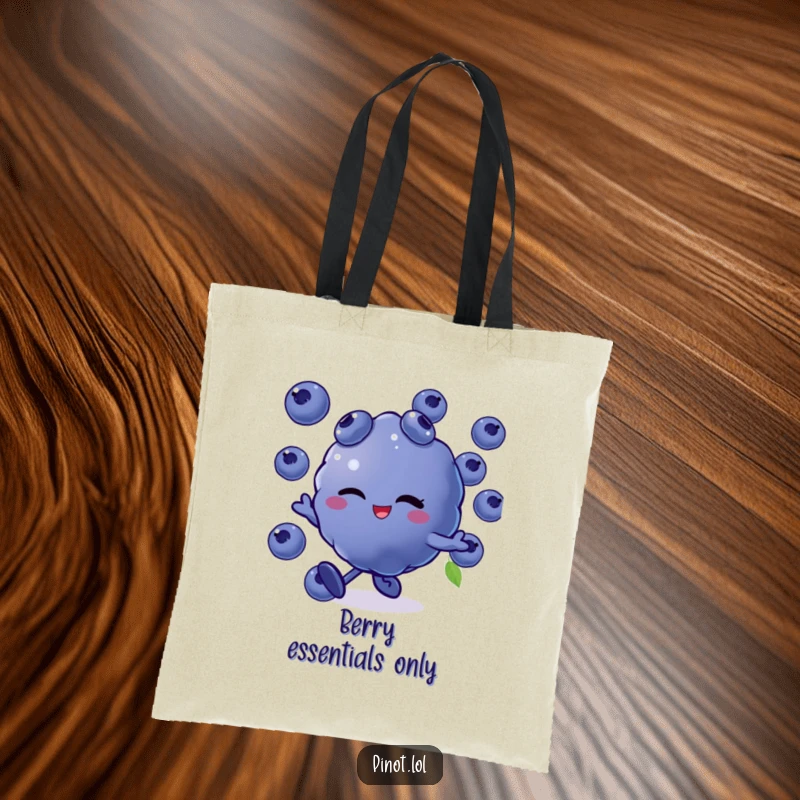 Funny tote bag with a winking blueberry character skipping energetically, great for carrying essentials with a smile and a touch of fruit fun.