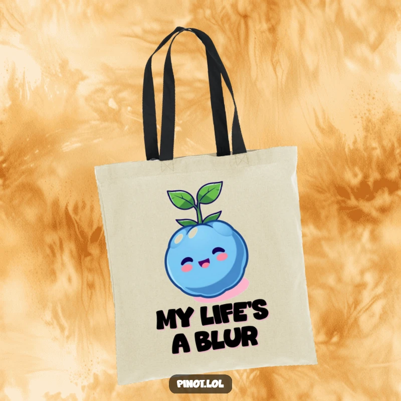 Funny kawaii blueberry character tote bag, spinning happily, a humorous and practical accessory for carrying essentials.