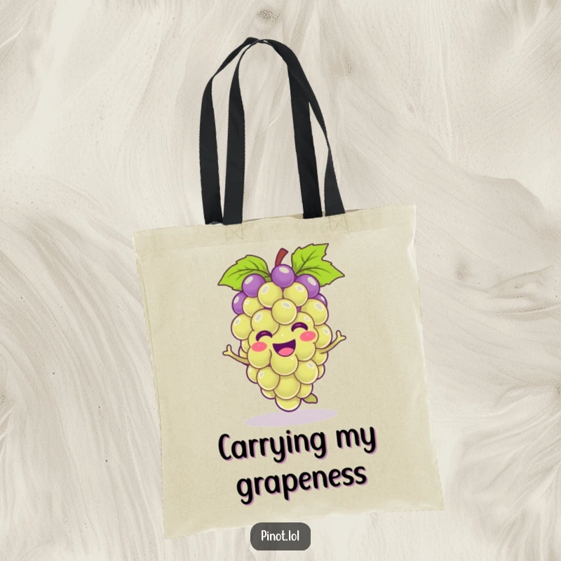 Funny kawaii grape character tote bag, depicted in a joyful hop, a functional and humorous gift.