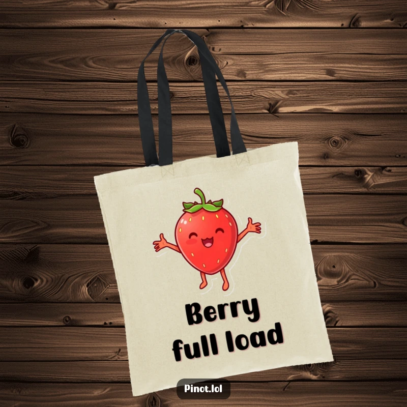 Funny tote bag with a cheesy strawberry character dancing with arms outstretched, great for carrying items with a smile and a touch of fruit fun.